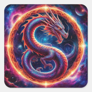 Feuriger kosmischer Drache, umgeben von einem himm Quadratischer Aufkleber