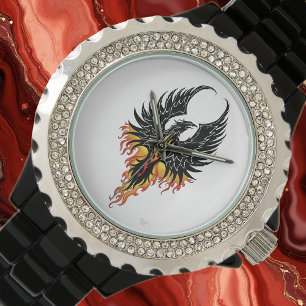 Feuriger Phönix aufsteigende Feuer Vogel schwarze  Armbanduhr