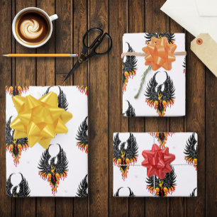 Feuriger Phönix aufsteigende Feuer Vogel schwarze  Geschenkpapier Set