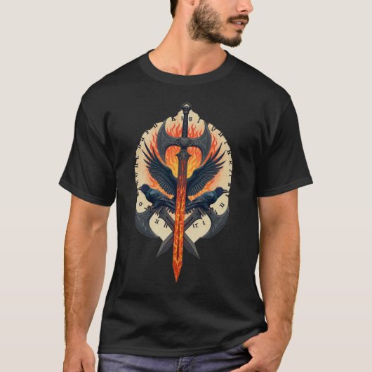 Feuriger Rabenwächter: Wikinger-Schwert- und Axt-E T-Shirt (Vorderseite)