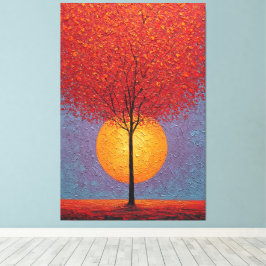 Feuriger roter Baum mit goldenem Sonnen strukturie Leinwanddruck