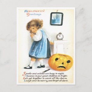 Feuriges kleines Mädchen und Kürbiskürbis Vintage Postkarte