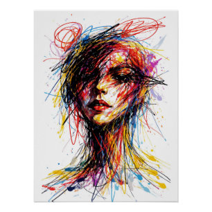 Feuriges Kritzelportrait Emotioneller Wirbel Poster