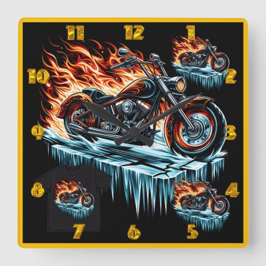Feuriges Motorrad auf gefrorener Oberfläche bei Dä Quadratische Wanduhr (Vorderseite)