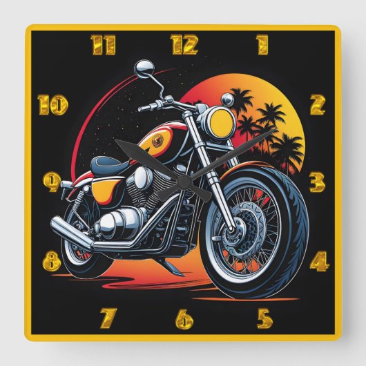 Feuriges Motorrad gegen einen tropischen Sonnenunt Quadratische Wanduhr (Vorderseite)