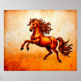 Feuriges Pferd springt, Orange Gold, Künstlerische Poster