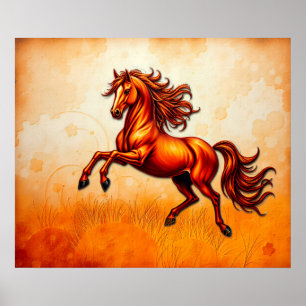 Feuriges Pferd springt, Orange Gold, Künstlerische Poster