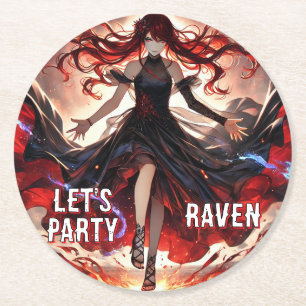 Feuriges Raben-Gothic-Anime-Mädchen-Party-Design Runder Pappuntersetzer