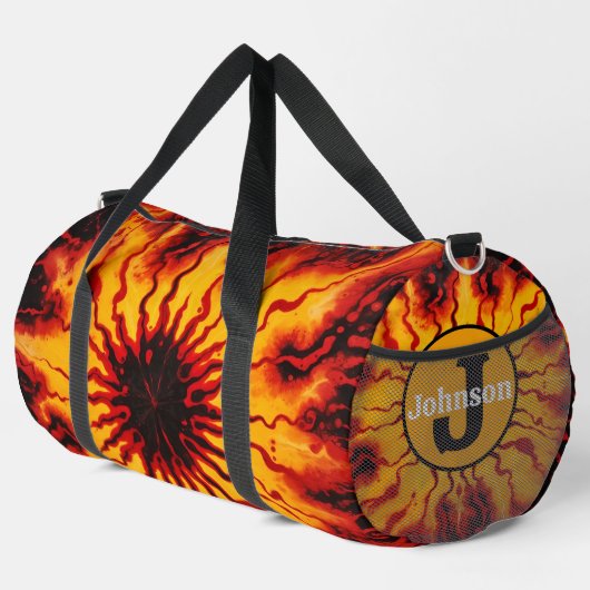 Feuriges Tie Dye Burst Monogramm Personalisiertes Duffle Bag (Rechte Ecke)