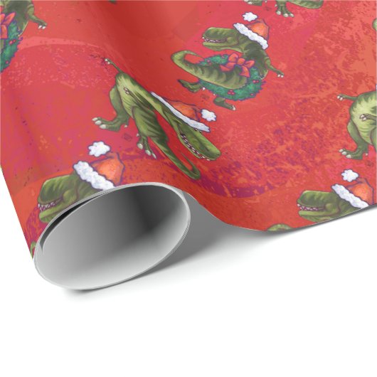 Fextive TRex Dino Muster auf Rot Geschenkpapier (Rolleneckpunkt)