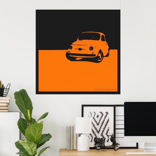 Fiat 500, 1959 - Orange auf schwarzem Poster (Heimbüro)