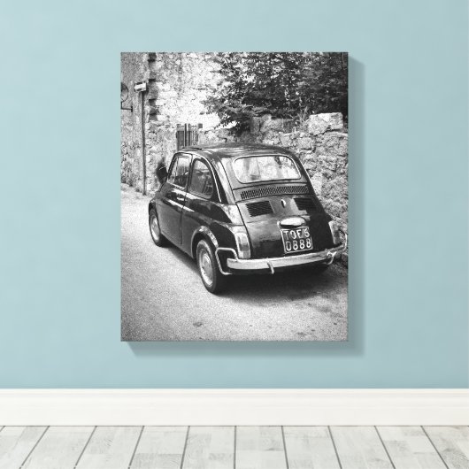 FIAT 500 Auto in schwarz-weiß Leinwanddruck (Insitu (Holzboden))