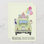 Fiat 500 Couple in car wedding Einladung (Vorne/Hinten)