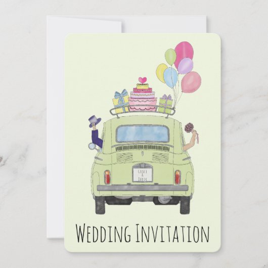 Fiat 500 Couple in car wedding Einladung (Vorderseite)