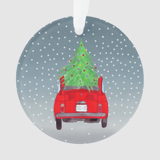 Fiat 500 mit Weihnachtsbaum Wasserfarben Ornament (Vorderseite)