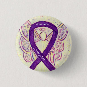Fibromyalgia Awareness Angel Ribbon Custom Art But Button