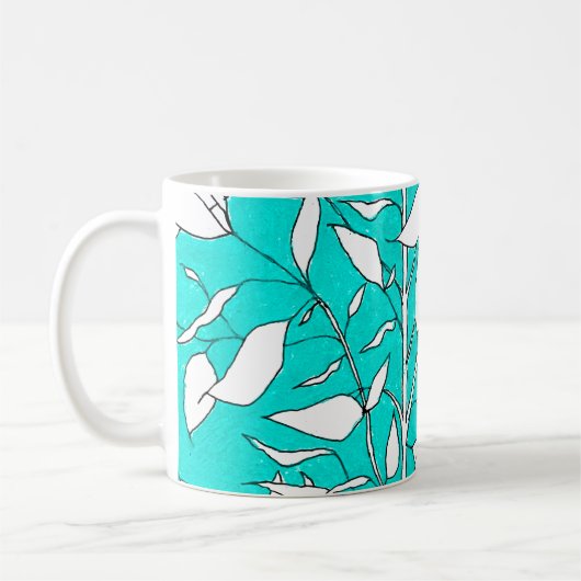 Ficusbaum-Pflanze Linienzeichnung blauer Hintergru Kaffeetasse (Links)