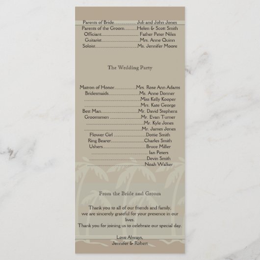 Fidschi: Tropical Palm Trees in Taupe Wedding Prog Programm (Rückseite)
