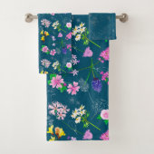 Field flowers, hand-painted in watercolour on blue badhandtuch set (Insitu)