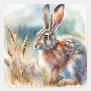 Field Hare Watercolor Quadratischer Aufkleber