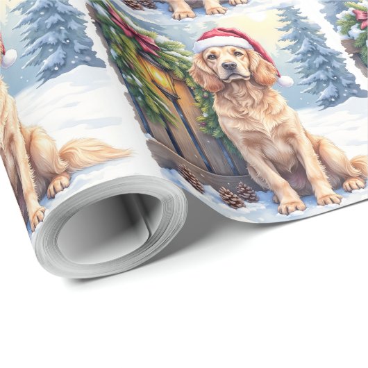 Field Spaniel Snowy Fence Santa Hat Christmas Art Geschenkpapier (Rolleneckpunkt)