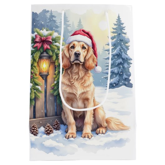 Field Spaniel Snowy Fence Santa Hat Christmas Art Mittlere Geschenktüte (Rückseite)