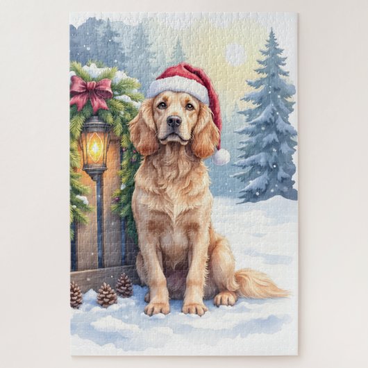 Field Spaniel Snowy Fence Santa Hat Christmas Art Puzzle (Vertikal)