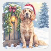 Field Spaniel Snowy Fence Santa Hat Christmas Art Quadratischer Aufkleber (Vorderseite)