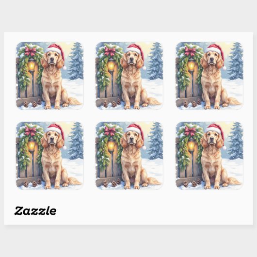 Field Spaniel Snowy Fence Santa Hat Christmas Art Quadratischer Aufkleber (Blatt)