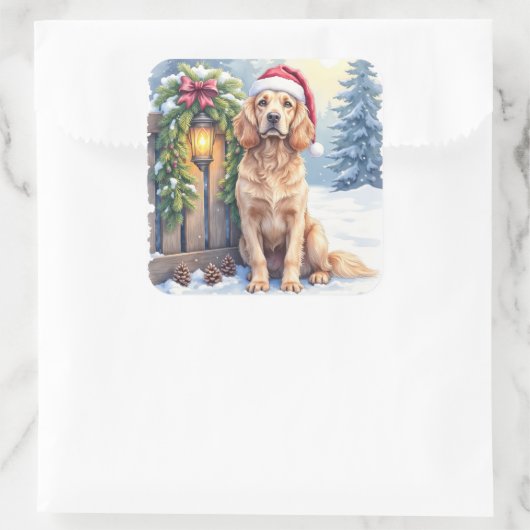 Field Spaniel Snowy Fence Santa Hat Christmas Art Quadratischer Aufkleber (Tasche)