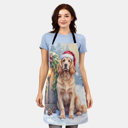Field Spaniel Snowy Fence Santa Hat Christmas Art Schürze (Getragen)