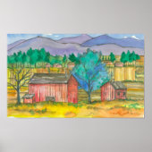 Fields Red Barns Watercolor Landschaft Poster (Vorne)