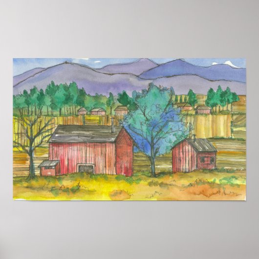 Fields Red Barns Watercolor Landschaft Poster (Vorne)