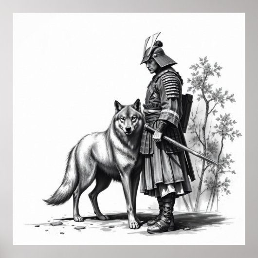Fierce Bond: Samurai und Wolf Holzkohle Kunst Poster (Vorne)