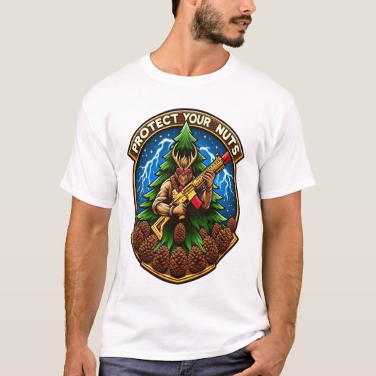 Fierce Cartoon Eichhörnchen verteidigen Pine Cones T-Shirt (Vorderseite)