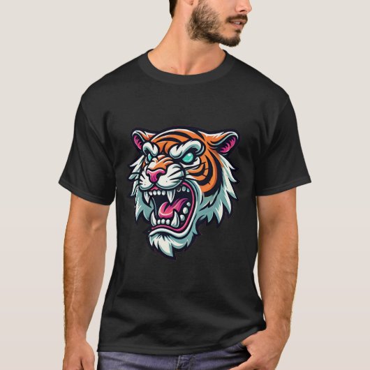 Fierce Cartoon Tiger Head Bold Pastell Design T-Shirt (Vorderseite)