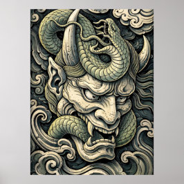 Fierce Horned Demon Serpent Storm Pop Art Poster