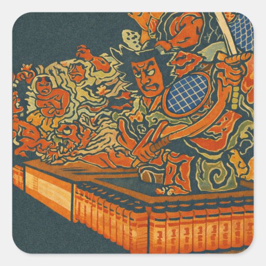Fierce Kabuki Warriors – Japanese Woodblock Spirit Quadratischer Aufkleber (Vorderseite)