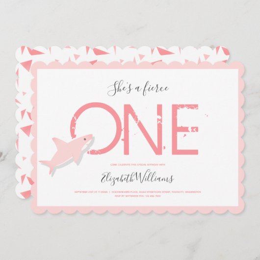 Fierce One Pink Shark Animal First Birthday Einladung (Vorne/Hinten)
