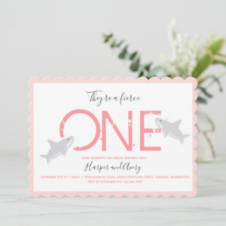 Fierce One Pink Twins Hai Tier ersten Geburtstag Einladung