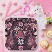 Fierce Pink Leopard Face Floral Pappteller (Party)