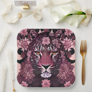 Fierce Pink Leopard Face Floral Pappteller