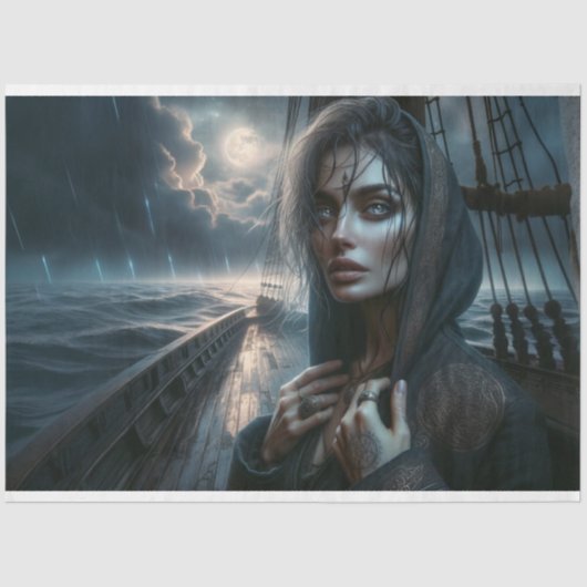 Fierce Pirate Woman Under Moonlit Sky Decoupage Seidenpapier (Vorderseite)