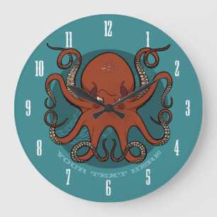 Fierce Red Octopus Tentacles Cartoon mit Text Große Wanduhr