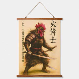 Fierce Rooster Samurai Warrior - Japanischer Tinte Wandteppich Mit Holzrahmen
