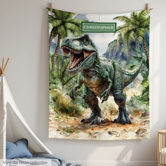 Fierce T-Rex Dinosaur Blanket Custom Boy Name Fleecedecke