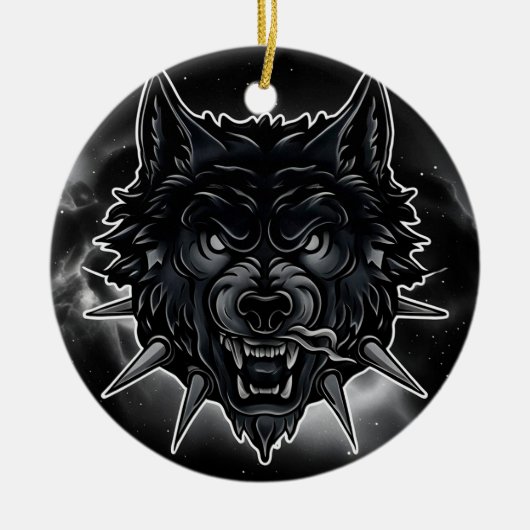 Fierce Wolf Illustration mit Spiked Collar Keramik Ornament (Vorne)