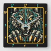 Fierce Wolf Neon Glow Timepiece Quadratische Wanduhr (Vorderseite)