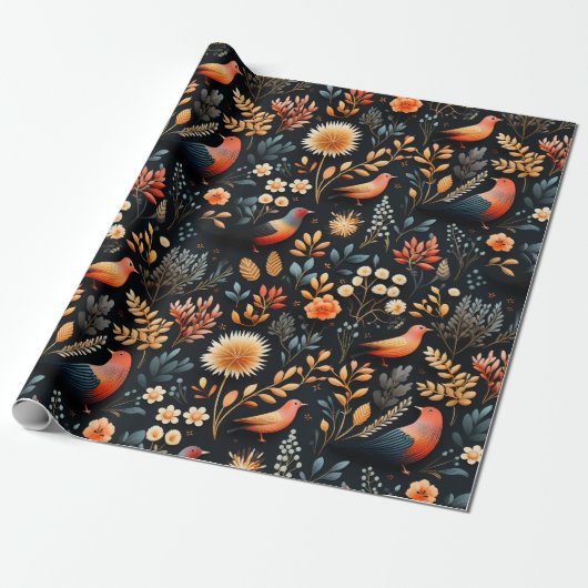 Fiery Autumn Elegance Wild Birds & Florals, Black Geschenkpapier (Ungerollt)