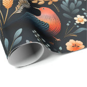 Fiery Autumn Elegance Wild Birds & Florals, Black Geschenkpapier (Rolleneckpunkt)